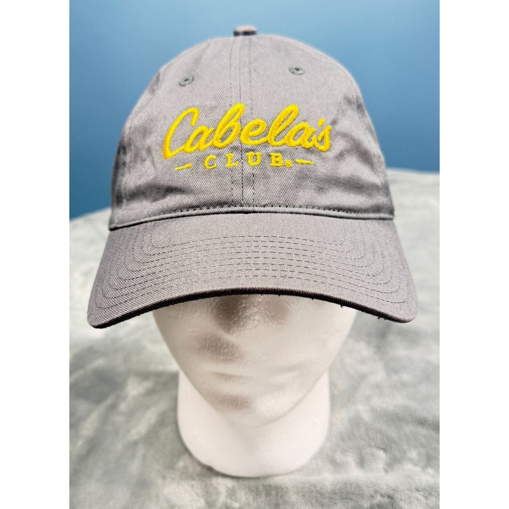 Cabelas Club Hat Adjustable Gray Yellow Logo Fishing Hunting Outdoor Cap